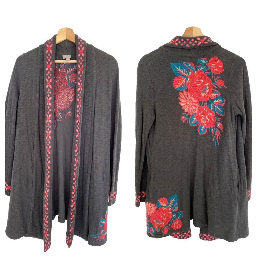 J.JILL XS Duster Cardigan Boho Open Style Floral Embroidered Thick CottonPockets